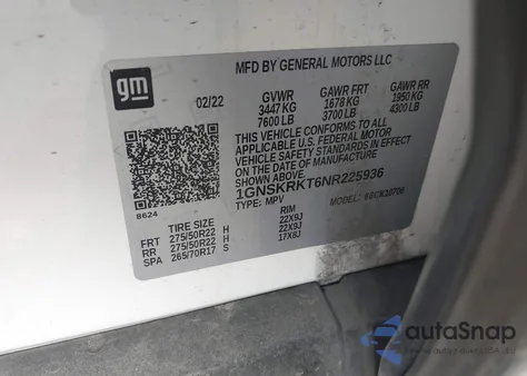 2022 Chevrolet Tahoe 4Wd Rst from USA, damaged, VIN 1GNSKRKT6NR225936